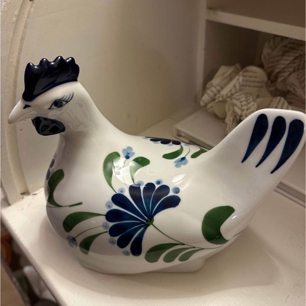 Dansk White Ceramic hen/chicken with green and blue floral design